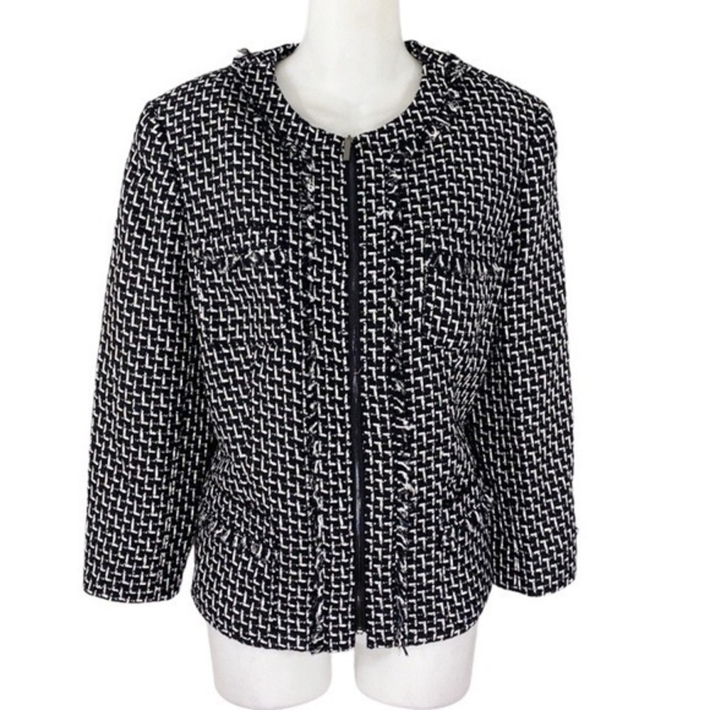 Jones New York black silver metallic tweed zipper front lady jacket 12